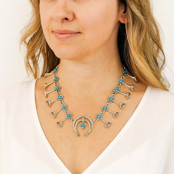 Vintage Faux Turquoise Squash Blossom Necklace Boho Chic 20" Long Silver Chain - Picture 6 of 6